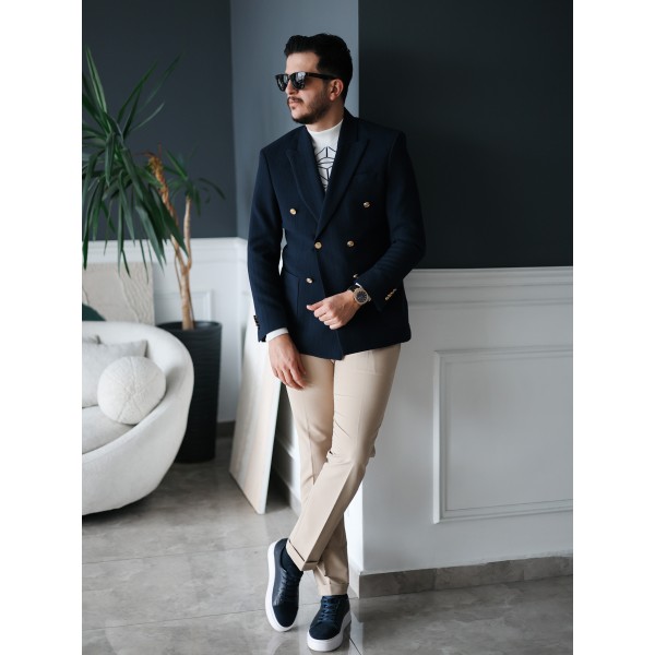 Erkek Lacivert Gold Düğmeli Dokulu Kruvaze Ceket