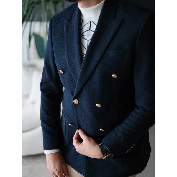 Erkek Lacivert Gold Düğmeli Dokulu Kruvaze Ceket