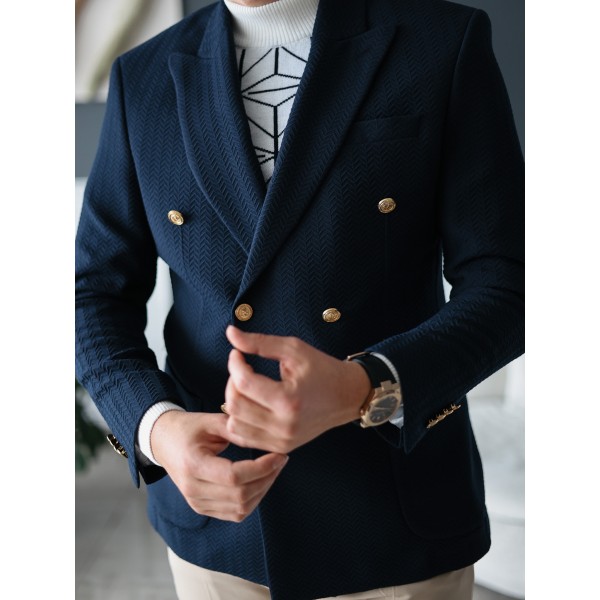 Erkek Lacivert Gold Düğmeli Dokulu Kruvaze Ceket