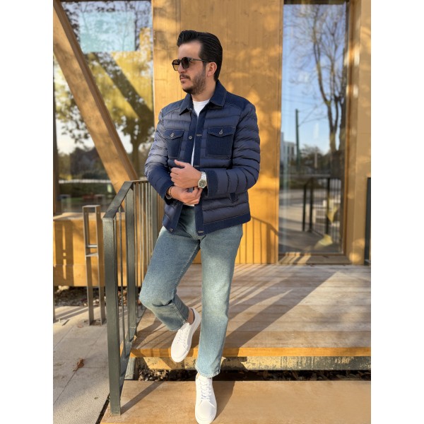 Denim Panel Detaylı Erkek Dolgu Mont