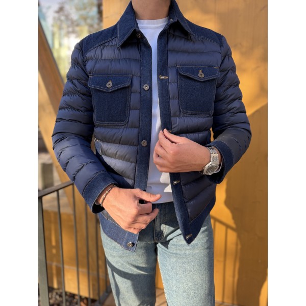 Denim Panel Detaylı Erkek Dolgu Mont