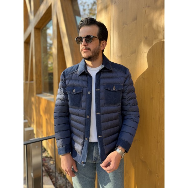 Denim Panel Detaylı Erkek Dolgu Mont
