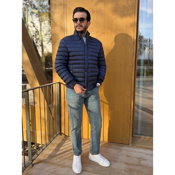 Erkek Lacivert Hafif Dolgu Slim Fit Sisme Mont