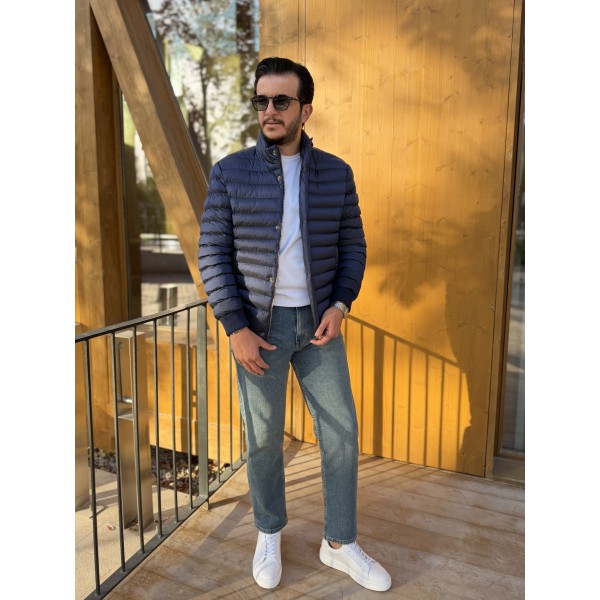 Erkek Lacivert Hafif Dolgu Slim Fit Sisme Mont