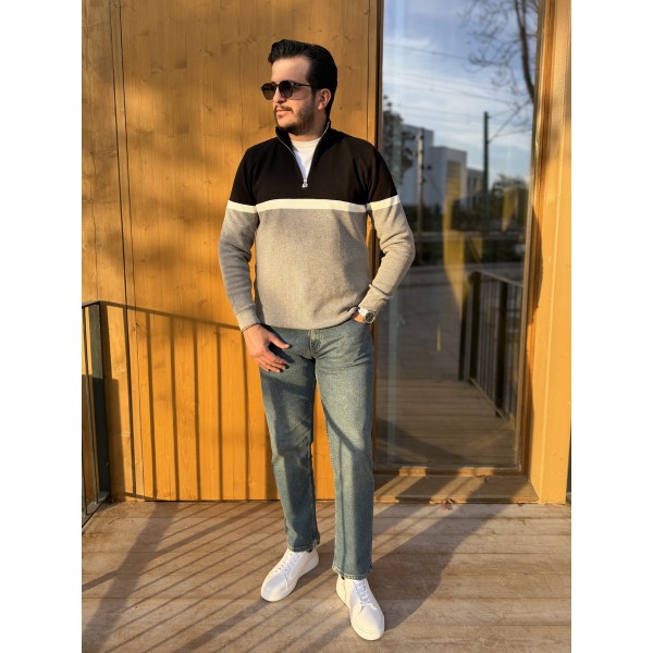 Renk Bloklu Yarım Fermuar Erkek Triko Kazak