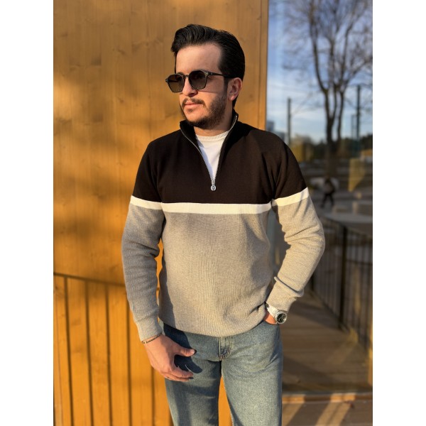 Renk Bloklu Yarım Fermuar Erkek Triko Kazak