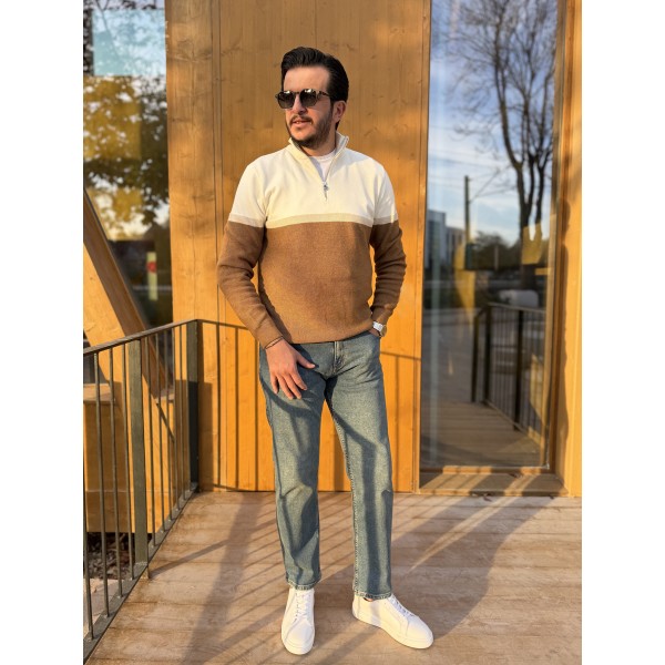 Renk Bloklu Yarım Fermuar Erkek Triko Kazak