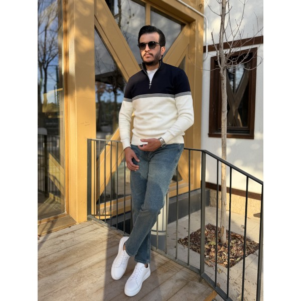 Renk Bloklu Yarım Fermuar Erkek Triko Kazak