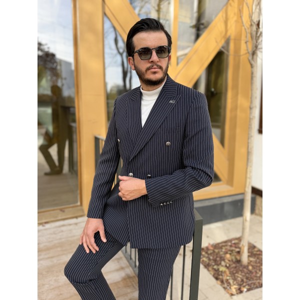 İtalyan Stil Slim Fit Çizgili Kruvaze Takım Elbise 
