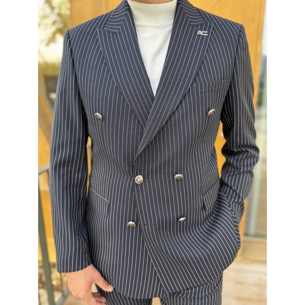 İtalyan Stil Slim Fit Çizgili Kruvaze Takım Elbise 