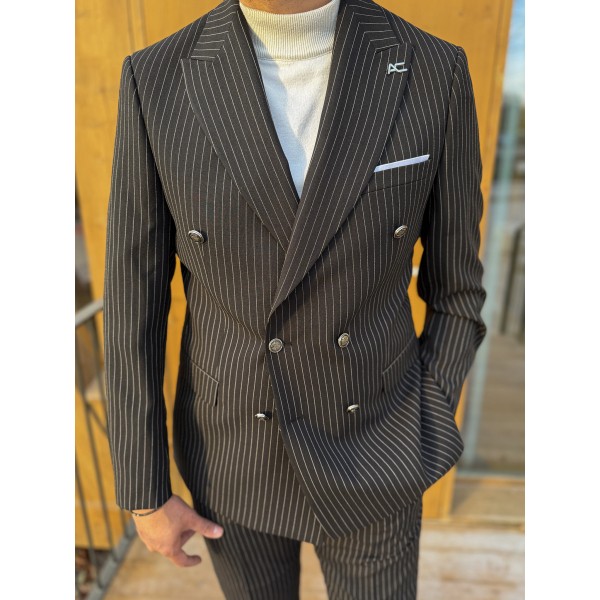 İtalyan Stil Slim Fit Çizgili Kruvaze Takım Elbise 