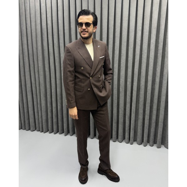 İtalyan Stil Slim Fit Çizgili Kruvaze Takım Elbise 