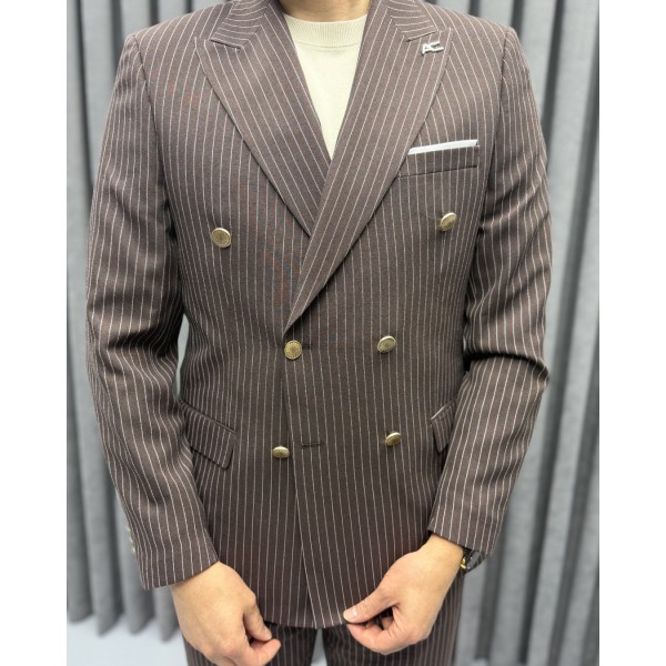 İtalyan Stil Slim Fit Çizgili Kruvaze Takım Elbise 