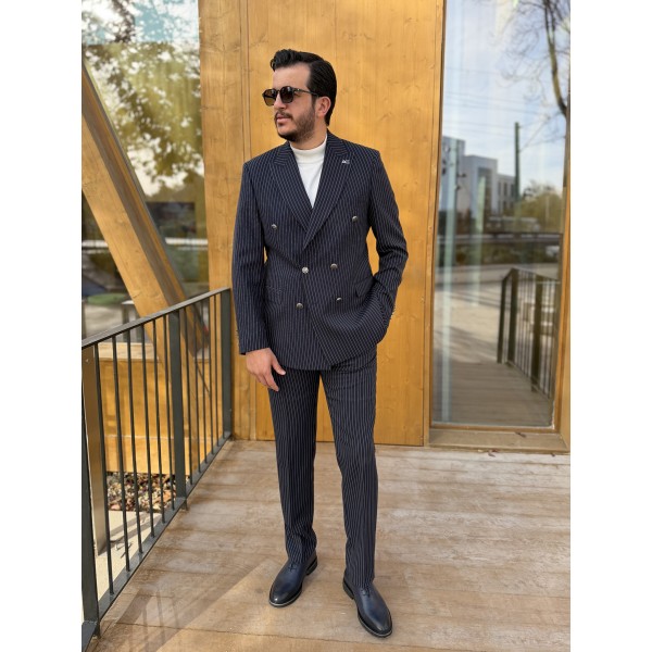 İtalyan Stil Slim Fit Çizgili Kruvaze Takım Elbise 