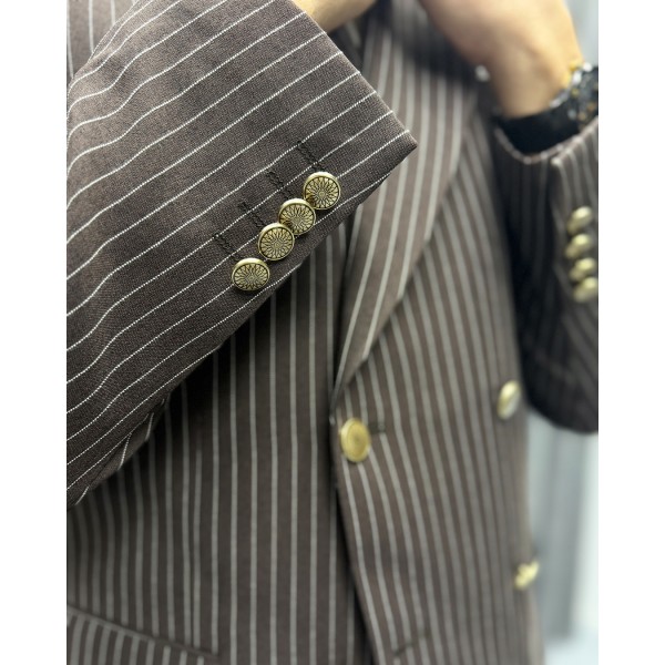 İtalyan Stil Slim Fit Çizgili Kruvaze Takım Elbise 