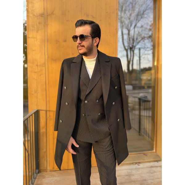 İtalyan Stil Slim Fit Çizgili Kruvaze Takım Elb...