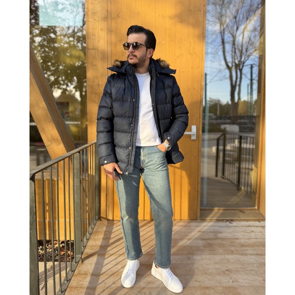 Erkek Kapüşonlu Kürk Yakalı Şişme Mont