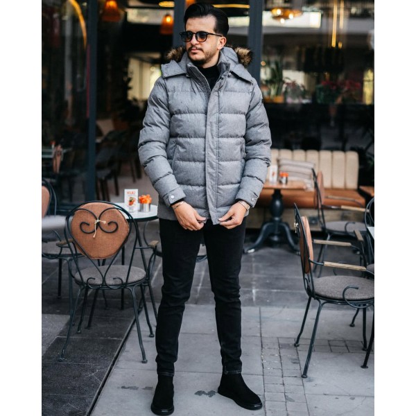 Erkek Kapüşonlu Kürk Yakalı Şişme Mont
