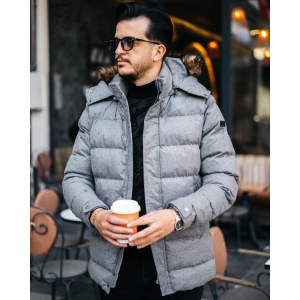 Erkek Kapüşonlu Kürk Yakalı Şişme Mont