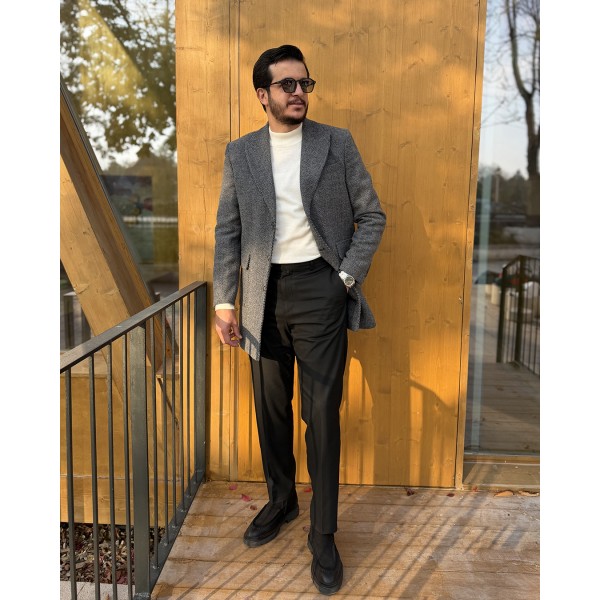 Erkek Zigzag Desenli Yün Kaşe Kaban