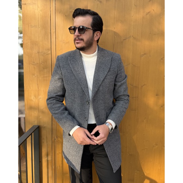 Erkek Zigzag Desenli Yün Kaşe Kaban