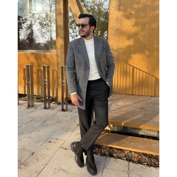 Erkek Zigzag Desenli Yün Kaşe Kaban