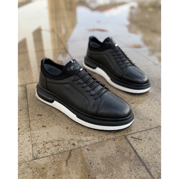 PrimeCore Siyah Deri Sneaker Ayakkabı Lastik Bağcıklı