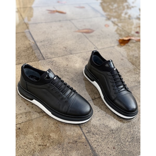 PrimeCore Siyah Deri Sneaker Ayakkabı Lastik Bağcıklı