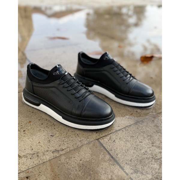 PrimeCore Siyah Deri Sneaker Ayakkabı Lastik Bağ...