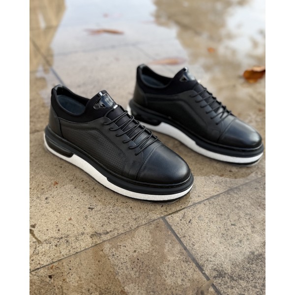 PrimeCore Siyah Deri Sneaker Ayakkabı Lastik Bağcıklı