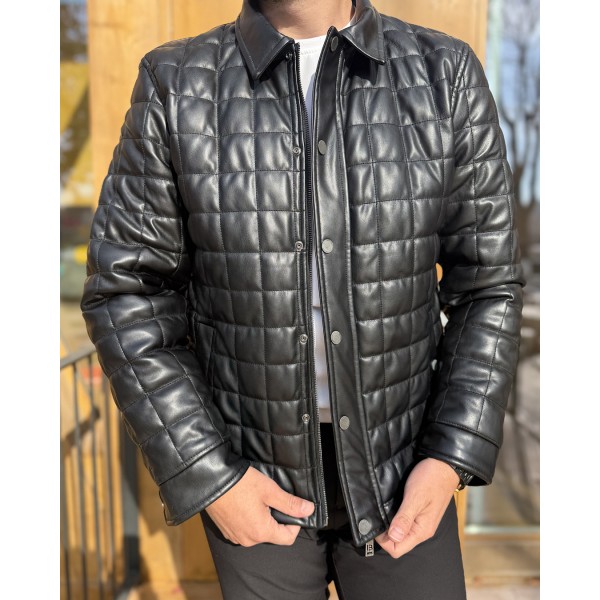 Erkek Siyah Slim Fit Kapitone Deri Mont