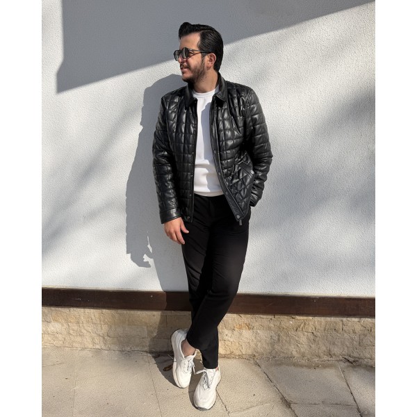 Erkek Siyah Slim Fit Kapitone Deri Mont