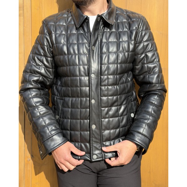 Erkek Siyah Slim Fit Kapitone Deri Mont