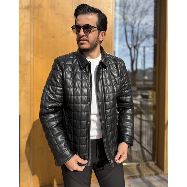 Erkek Siyah Slim Fit Kapitone Deri Mont