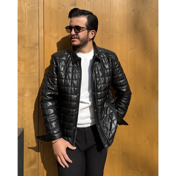Erkek Siyah Slim Fit Kapitone Deri Mont