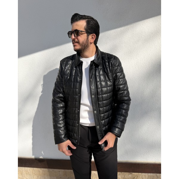 Erkek Siyah Slim Fit Kapitone Deri Mont