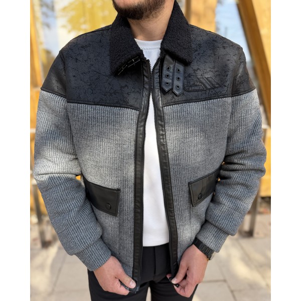 Erkek Gri Nubuk Detaylı Triko Bomber Mont
