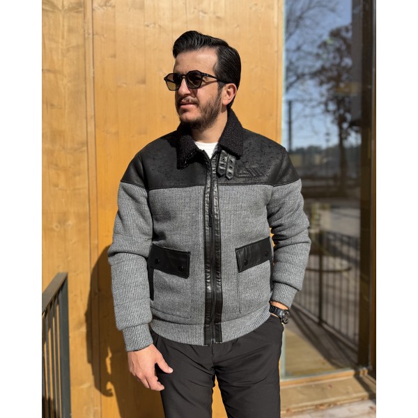 Erkek Gri Nubuk Detaylı Triko Bomber Mont