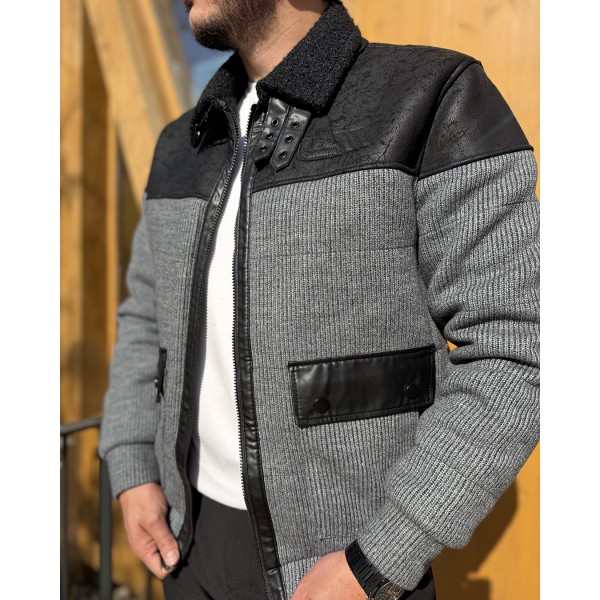 Erkek Gri Nubuk Detaylı Triko Bomber Mont