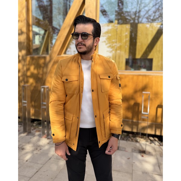 Erkek Hardal Kapitone Astarlı Slim Fit Mont 