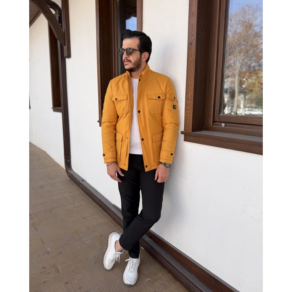 Erkek Hardal Kapitone Astarlı Slim Fit Mont 