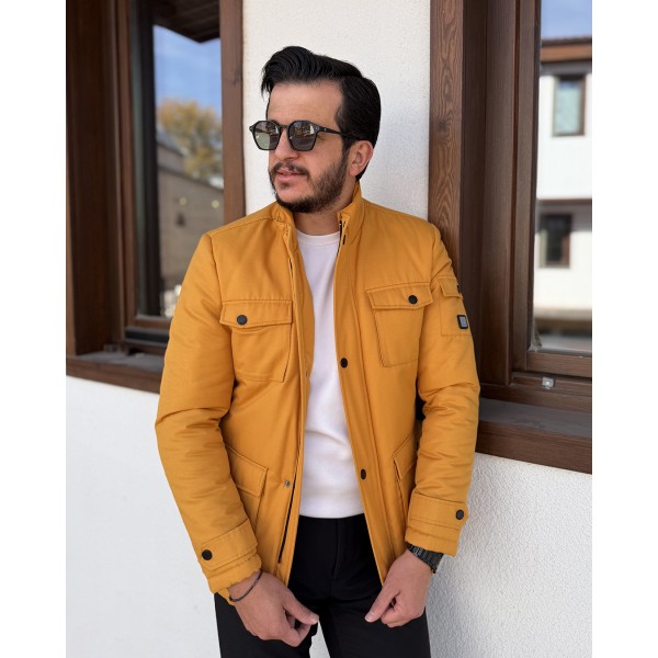 Erkek Hardal Kapitone Astarlı Slim Fit Mont 