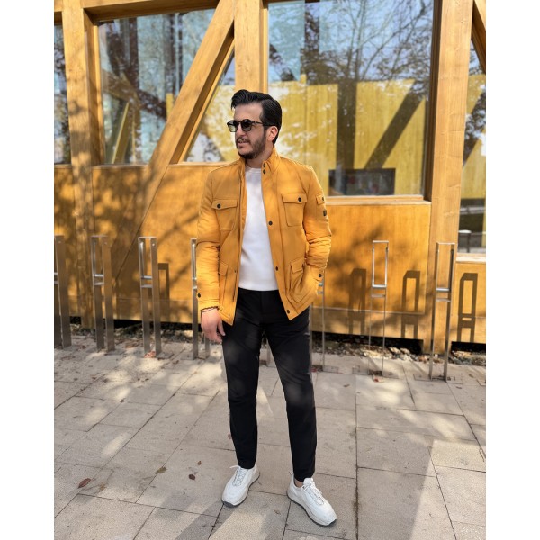 Erkek Hardal Kapitone Astarlı Slim Fit Mont 