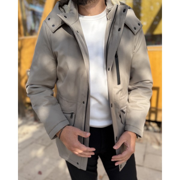 Casual Comfort Erkek Bej Kapüşonlu Mont