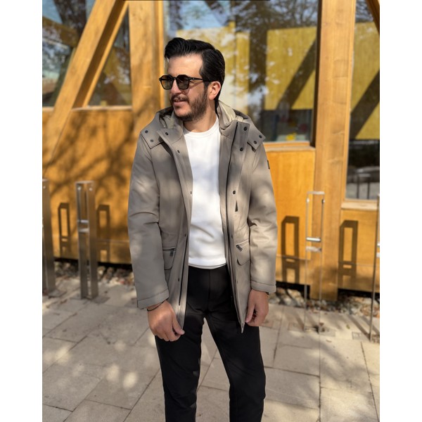 Casual Comfort Erkek Bej Kapüşonlu Mont