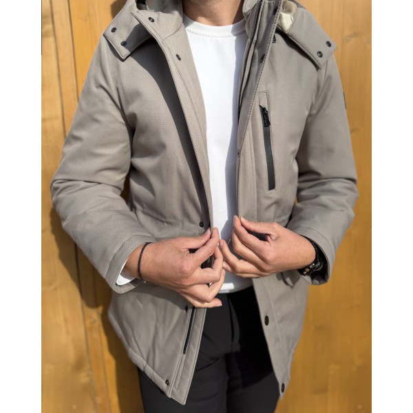 Casual Comfort Erkek Bej Kapüşonlu Mont