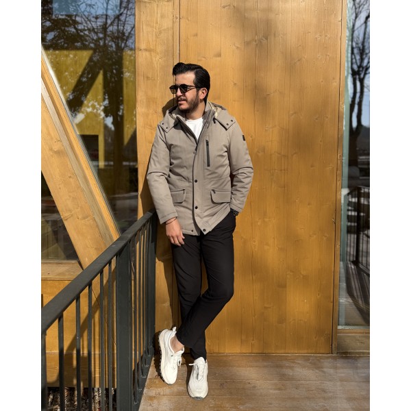 Casual Comfort Erkek Bej Kapüşonlu Mont