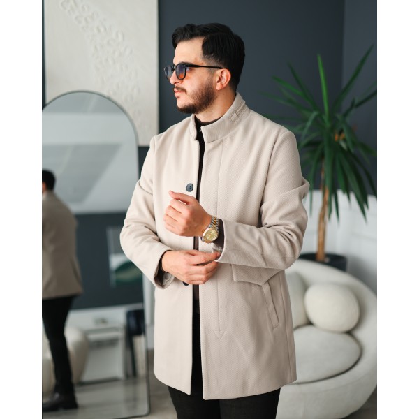 Erkek Modern Dikiş Detaylı Dik Yaka Kaşe Kaban