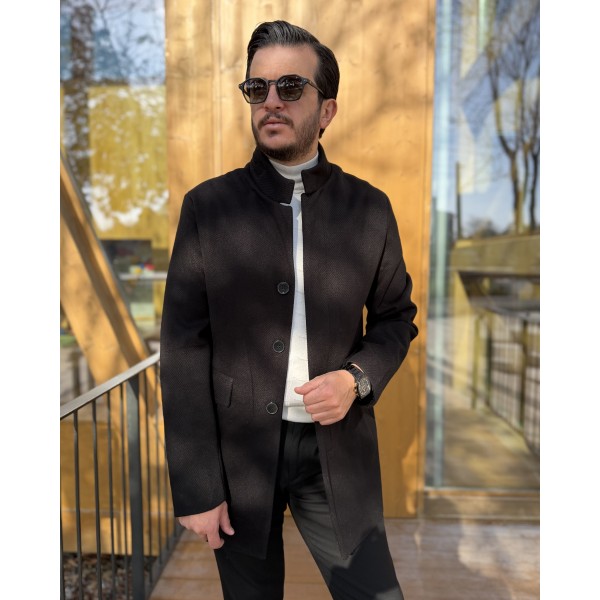 Erkek Modern Dikiş Detaylı Dik Yaka Kaşe Kaban