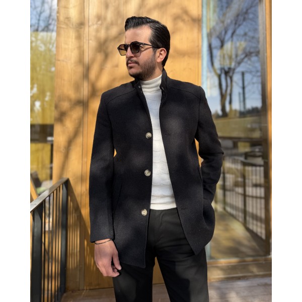 Erkek Premium Twill Dikiş Detaylı Dik Yaka Kaşe Kaban